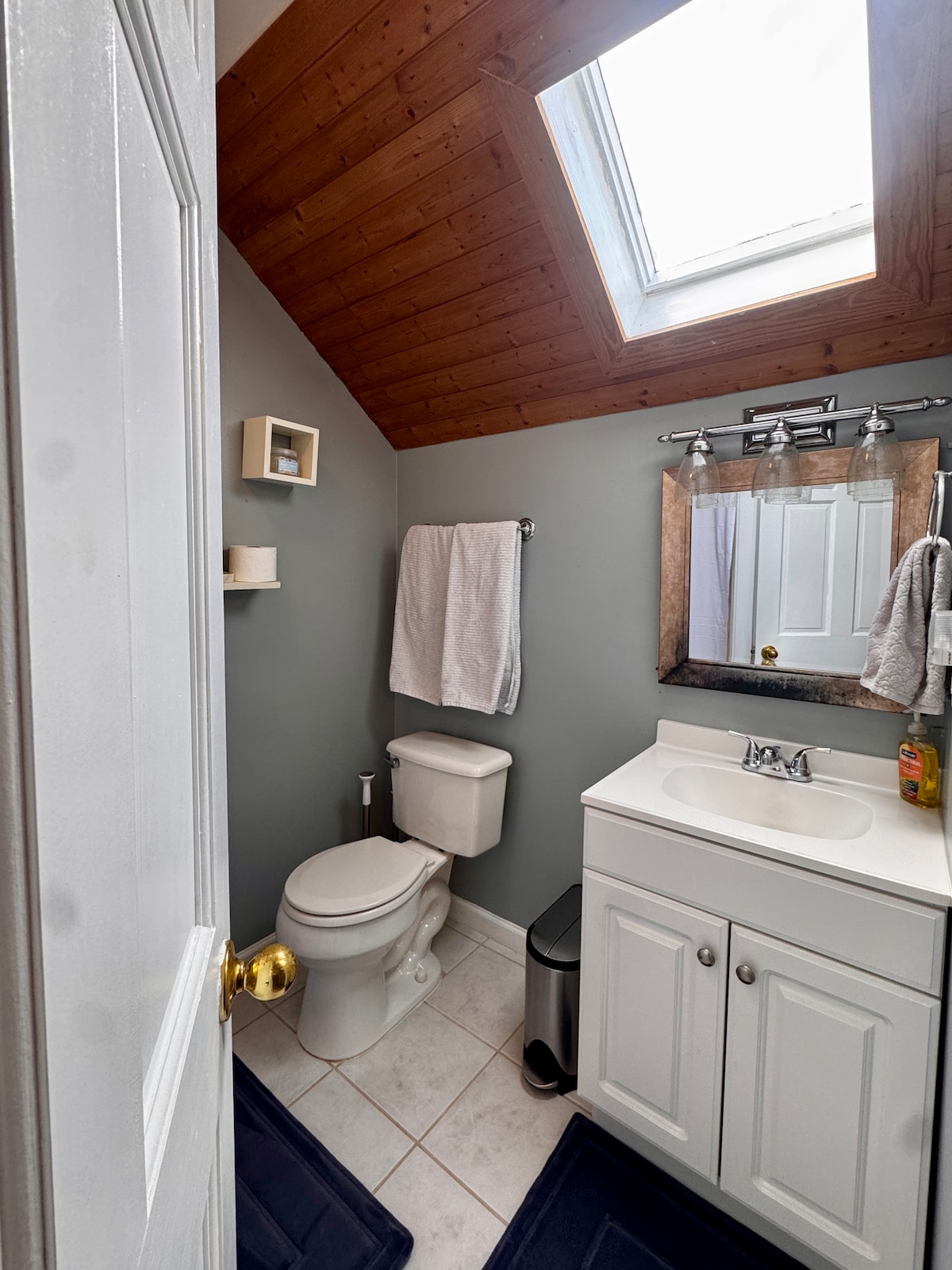 Upstairs bathroom lit by a skylight